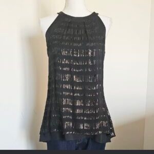 WHBM Black Metallic Silk Tank Blouse Size 2 High-Neck Black